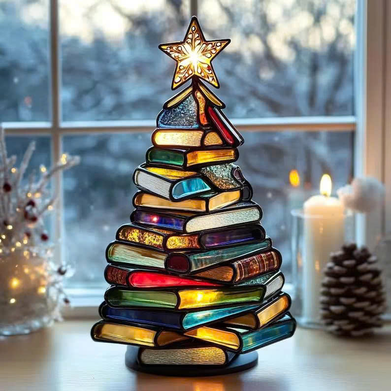 Christmas Book Tree Suncatcher Ornament – Acrylic Book Lover Gift, Cozy Holiday Decor