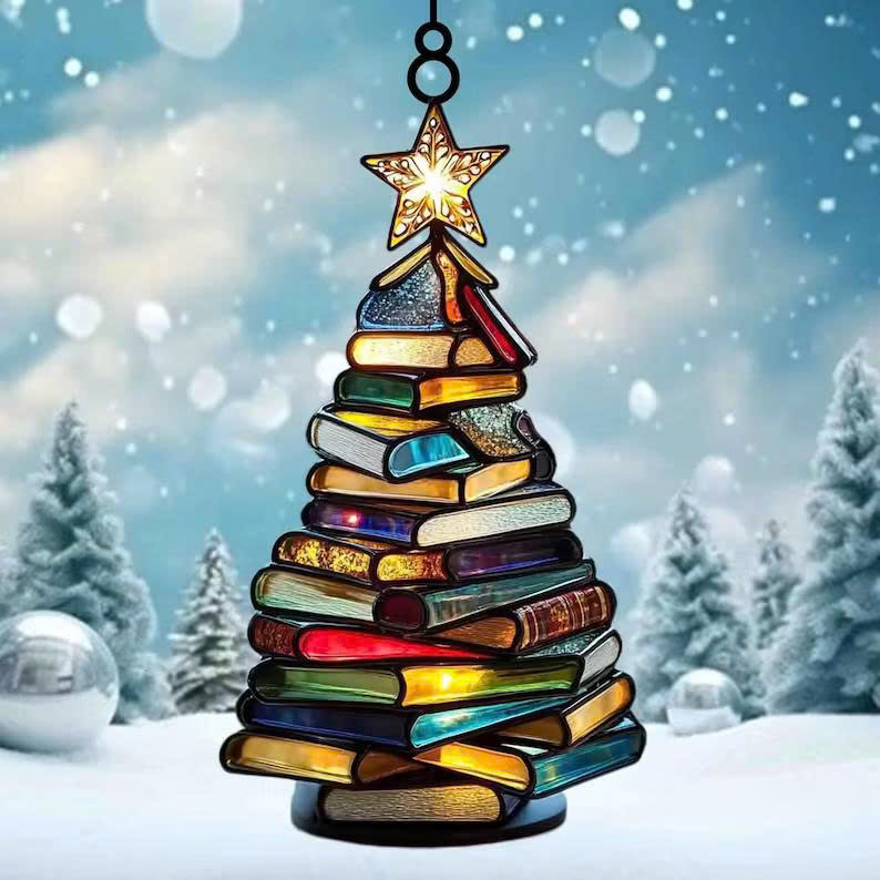 Christmas Book Tree Suncatcher Ornament – Acrylic Book Lover Gift, Cozy Holiday Decor - Media 2