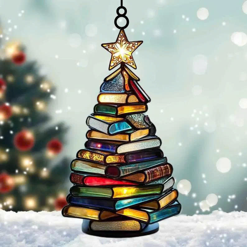Christmas Book Tree Suncatcher Ornament – Acrylic Book Lover Gift, Cozy Holiday Decor - Media 5