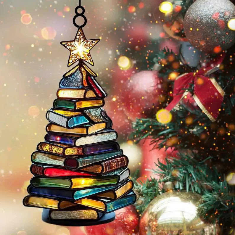 Christmas Book Tree Suncatcher Ornament – Acrylic Book Lover Gift, Cozy Holiday Decor - Media 4