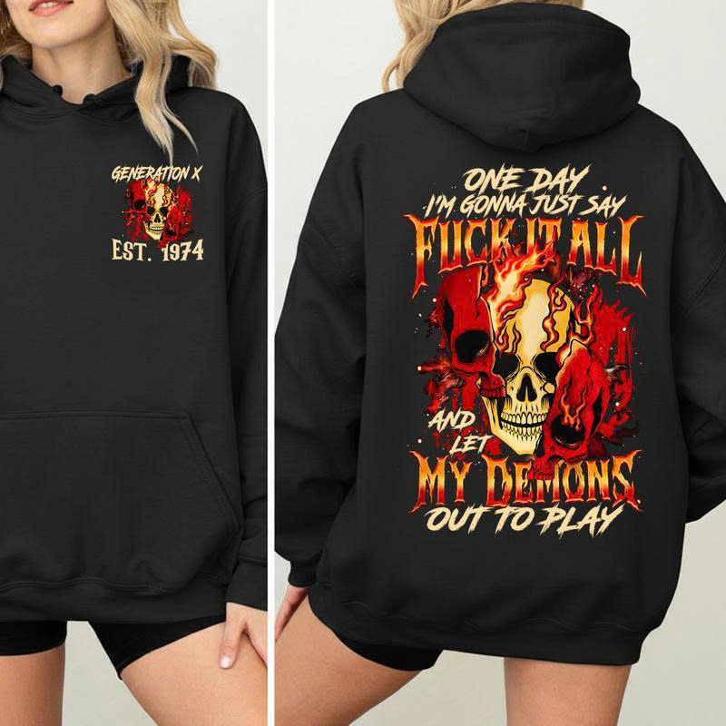 Generation X Est 1974 Hoodie - Let My Demons Out to Play | Fuck It All Skull Fire Sweatshirt - Media 2