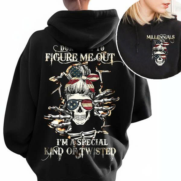 Millennials Skull Messy Bun Hoodie - I'm a Special Kind of Twisted | American Flag Skull Pullover
