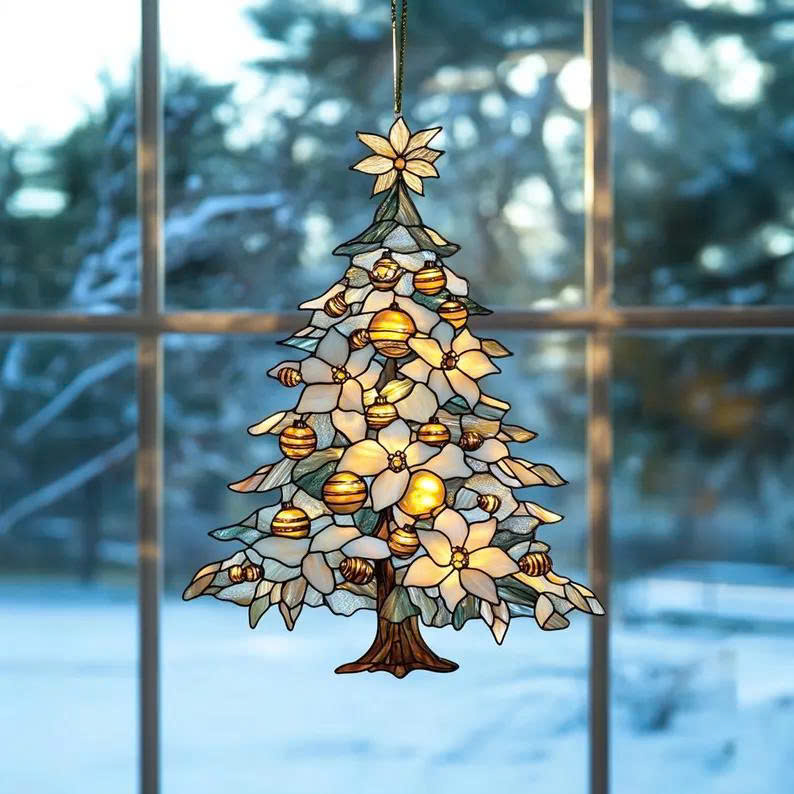 White Poinsettia Christmas Tree Suncatcher – Acrylic Faux Stained Winter Holiday Decor