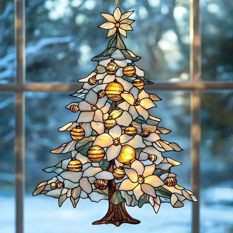 White Poinsettia Christmas Tree Suncatcher – Acrylic Faux Stained Winter Holiday Decor - Media 3