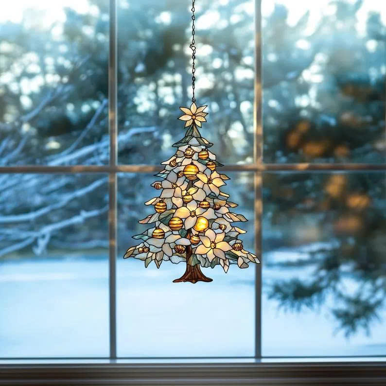 White Poinsettia Christmas Tree Suncatcher – Acrylic Faux Stained Winter Holiday Decor - Media 5