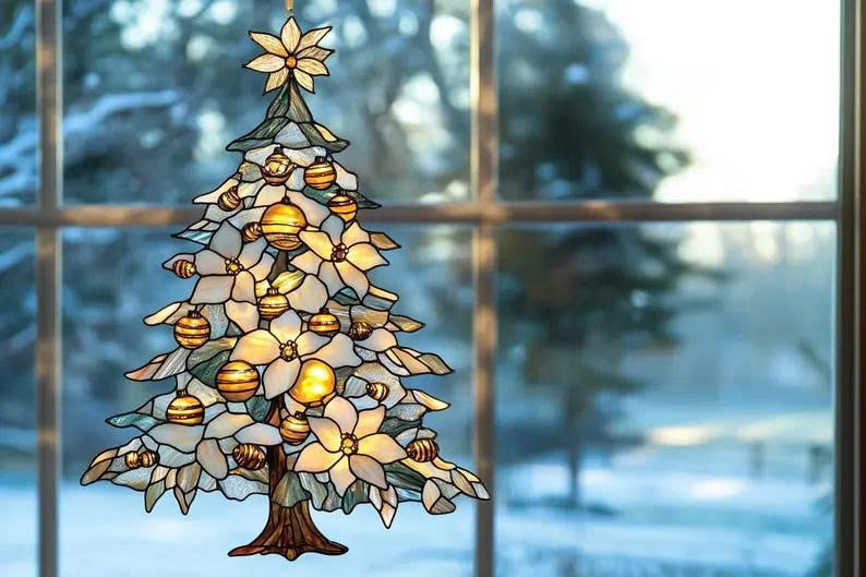 White Poinsettia Christmas Tree Suncatcher – Acrylic Faux Stained Winter Holiday Decor - Media 4