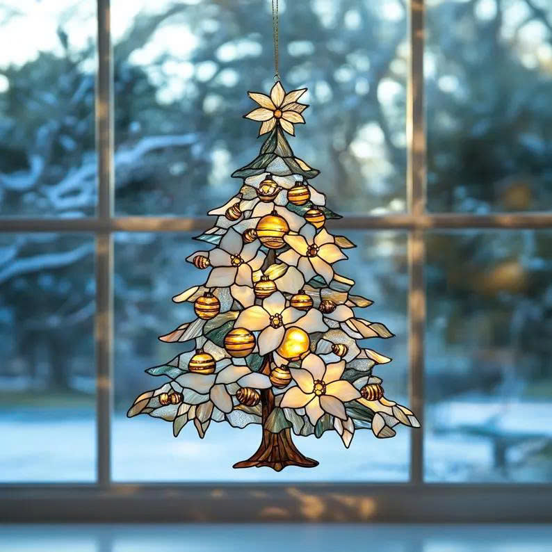 White Poinsettia Christmas Tree Suncatcher – Acrylic Faux Stained Winter Holiday Decor - Media 2