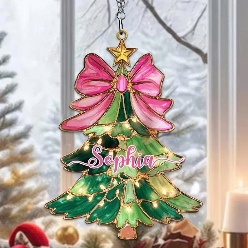 Christmas Bow Suncatcher – Personalized Acrylic Ornament, Holiday Window Hanging Decoration