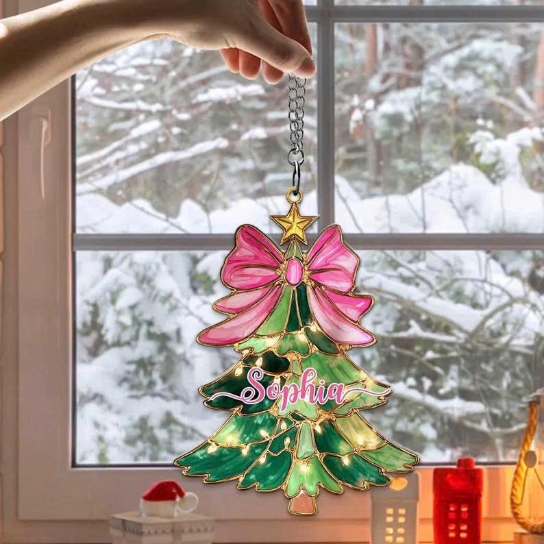 Christmas Bow Suncatcher – Personalized Acrylic Ornament, Holiday Window Hanging Decoration - Media 2