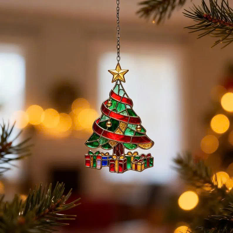 Christmas Stained Tree Ornament – Holiday Suncatcher, Cozy Winter Decoration Gift - Media 2