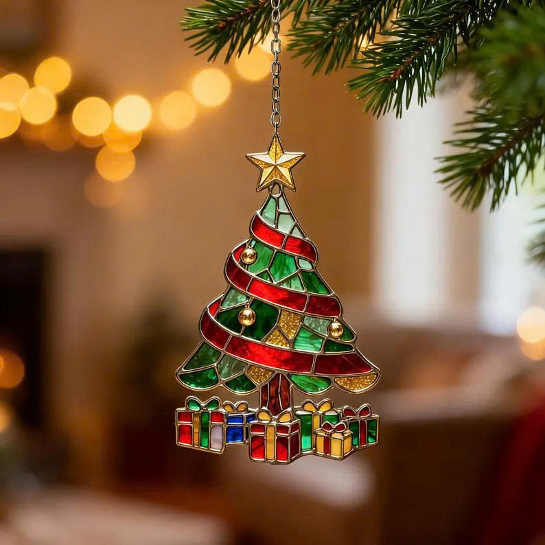 Christmas Stained Tree Ornament – Holiday Suncatcher, Cozy Winter Decoration Gift - Media 5