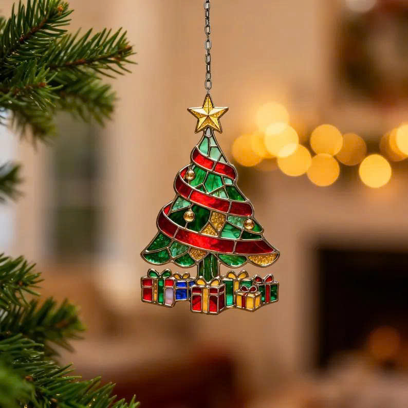 Christmas Stained Tree Ornament – Holiday Suncatcher, Cozy Winter Decoration Gift - Media 7