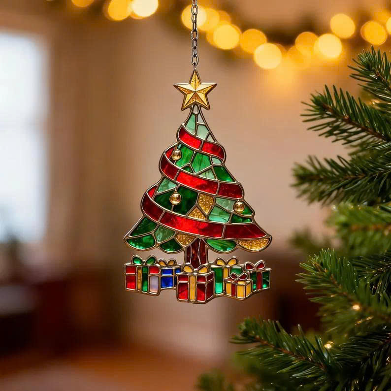 Christmas Stained Tree Ornament – Holiday Suncatcher, Cozy Winter Decoration Gift - Media 8