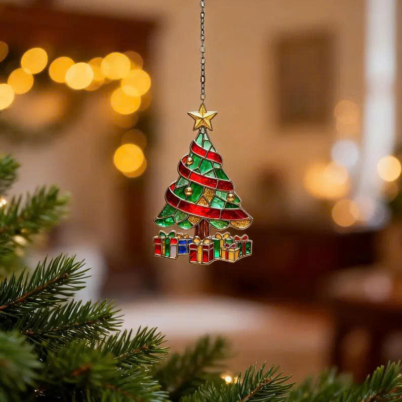 Christmas Stained Tree Ornament – Holiday Suncatcher, Cozy Winter Decoration Gift - Media 6