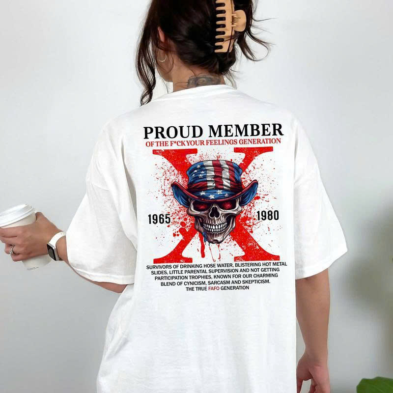 Gen X T-Shirt - Proud Member of the F*ck Your Feelings Generation | American Flag Skull FAFO Tee - Media 3