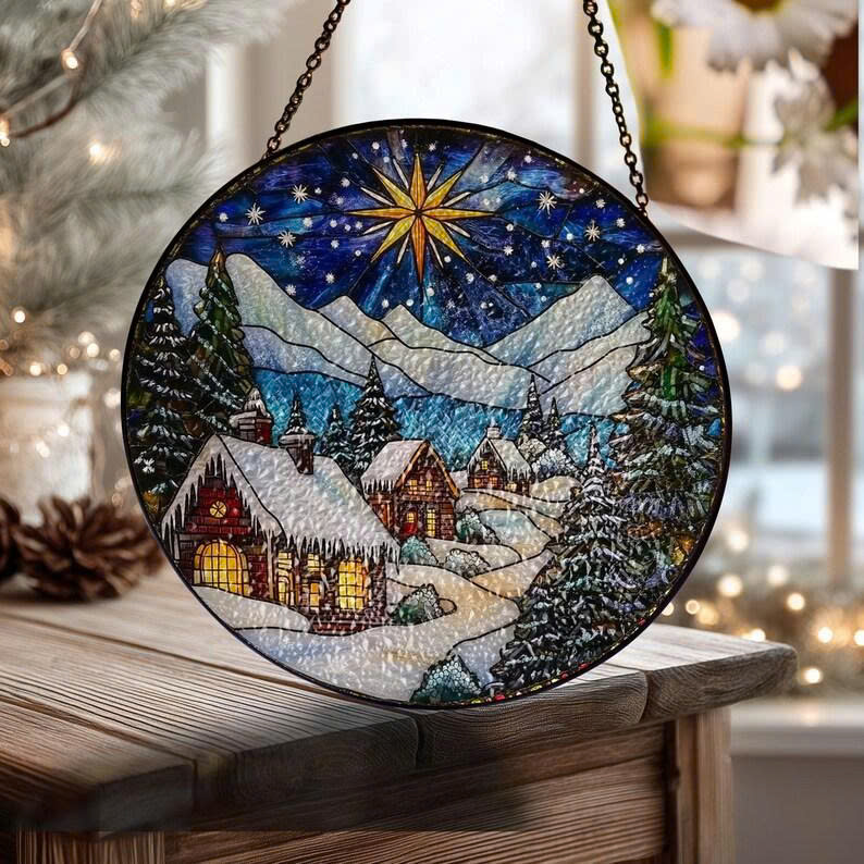 Winter Village Faux Stained Glass Suncatcher – Cozy Holiday Cabin Scene Window Decor - Media 4