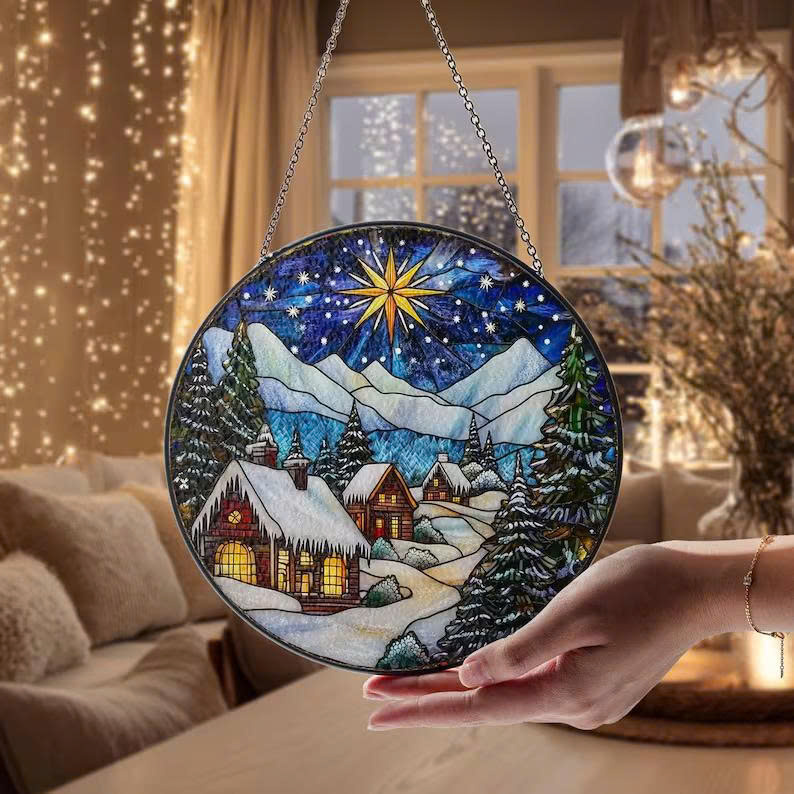 Winter Village Faux Stained Glass Suncatcher – Cozy Holiday Cabin Scene Window Decor - Media 2