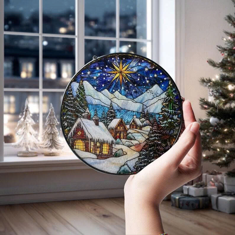 Winter Village Faux Stained Glass Suncatcher – Cozy Holiday Cabin Scene Window Decor - Media 3