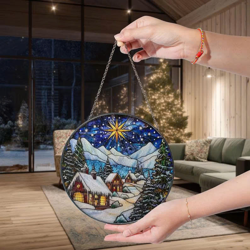 Winter Village Faux Stained Glass Suncatcher – Cozy Holiday Cabin Scene Window Decor - Media 5