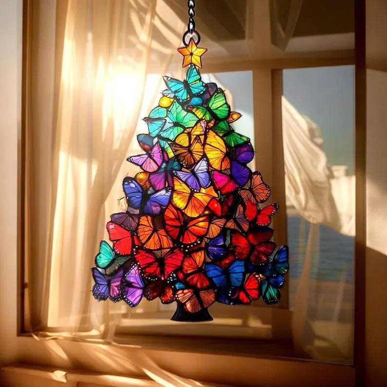 Butterfly Christmas Tree Suncatcher – Rainbow Faux Stained Acrylic Window Hanging