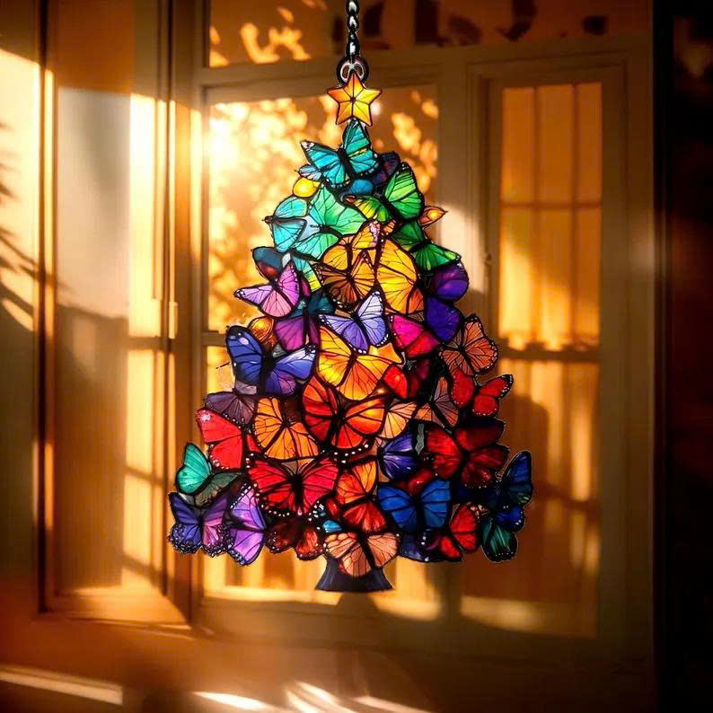 Butterfly Christmas Tree Suncatcher – Rainbow Faux Stained Acrylic Window Hanging - Media 2