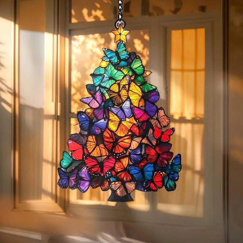 Butterfly Christmas Tree Suncatcher – Rainbow Faux Stained Acrylic Window Hanging - Media 4