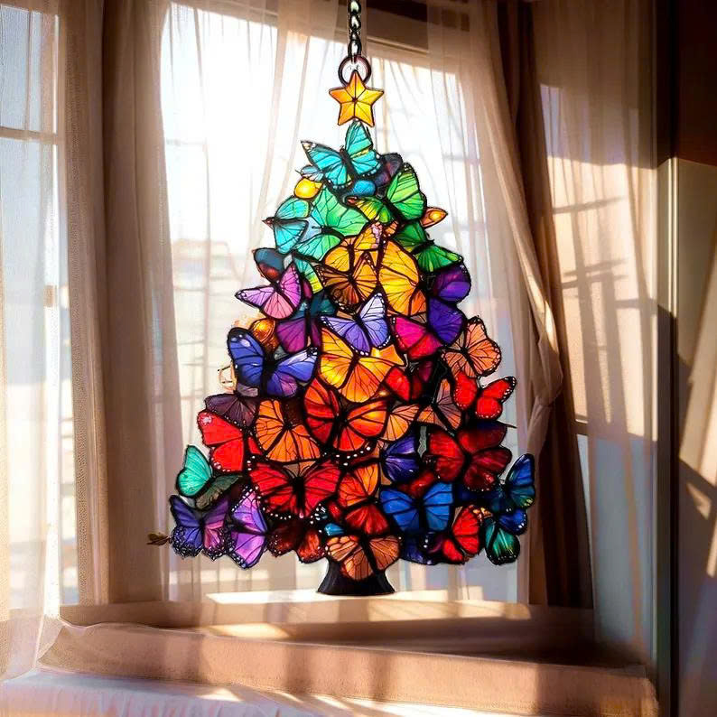 Butterfly Christmas Tree Suncatcher – Rainbow Faux Stained Acrylic Window Hanging - Media 6