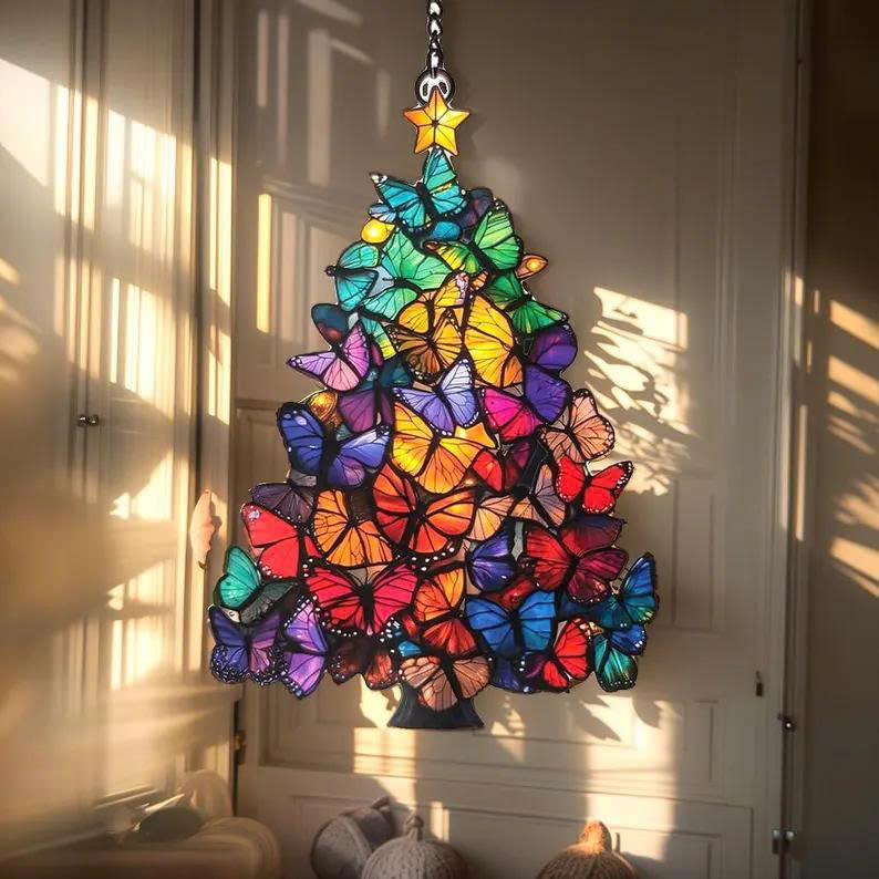 Butterfly Christmas Tree Suncatcher – Rainbow Faux Stained Acrylic Window Hanging - Media 8