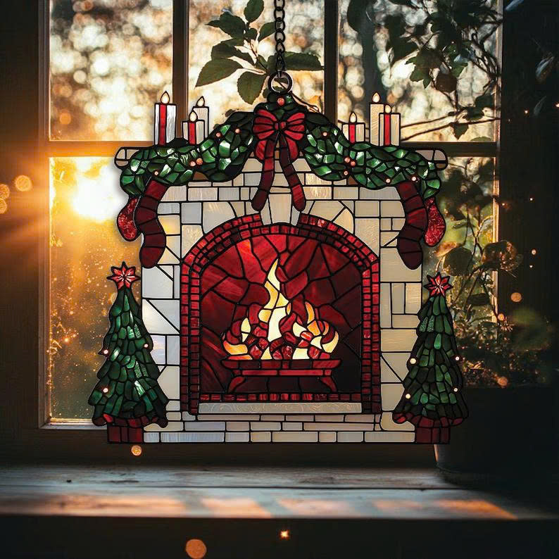 Christmas Suncatcher Ornament – Festive Window Hanging, Cozy Wreath & Fireplace Decor