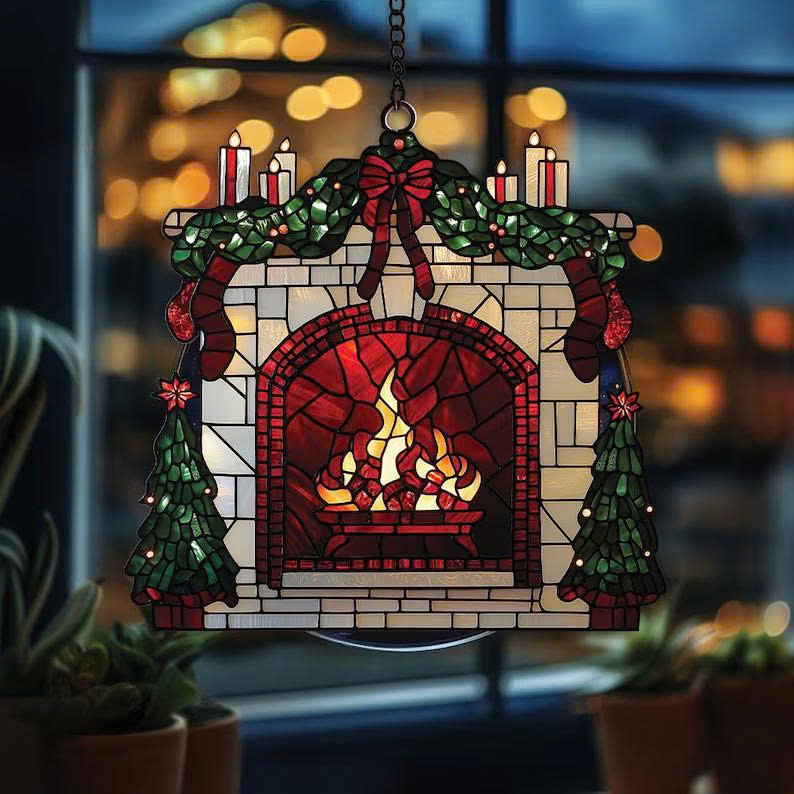 Christmas Suncatcher Ornament – Festive Window Hanging, Cozy Wreath & Fireplace Decor - Media 2