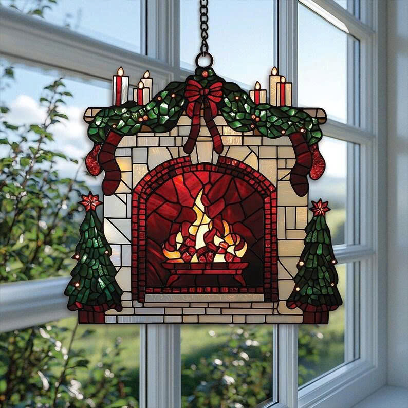 Christmas Suncatcher Ornament – Festive Window Hanging, Cozy Wreath & Fireplace Decor - Media 3