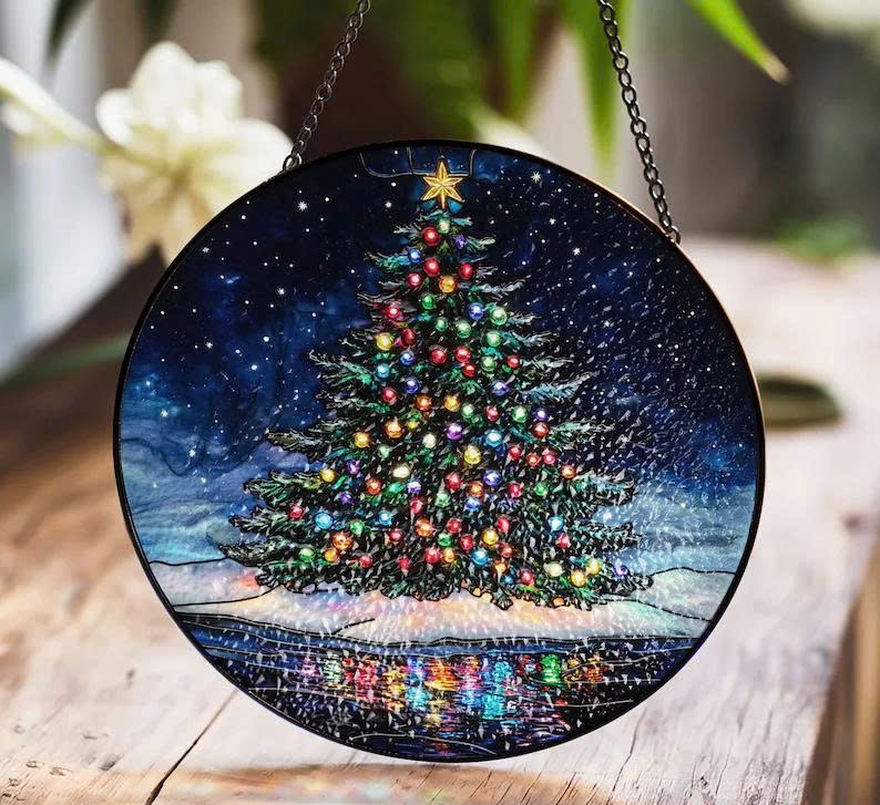 Christmas Tree Stained Glass Suncatcher – Colorful Holiday Window Art, Festive Decor Gift