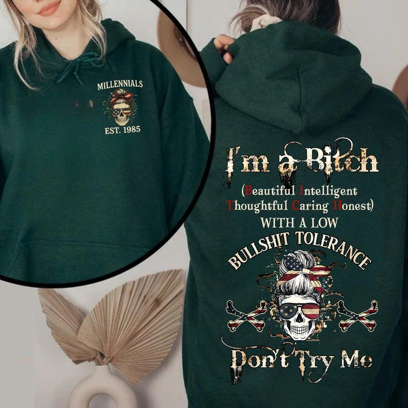 Millennials I'm A Bitch Hoodie 1985 | Low Bullshit Tolerance Funny Skull Sweatshirt | Don't Try Me
