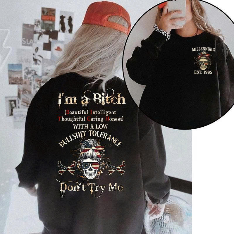 Millennials I'm A Bitch Hoodie 1985 | Low Bullshit Tolerance Funny Skull Sweatshirt | Don't Try Me - Media 3