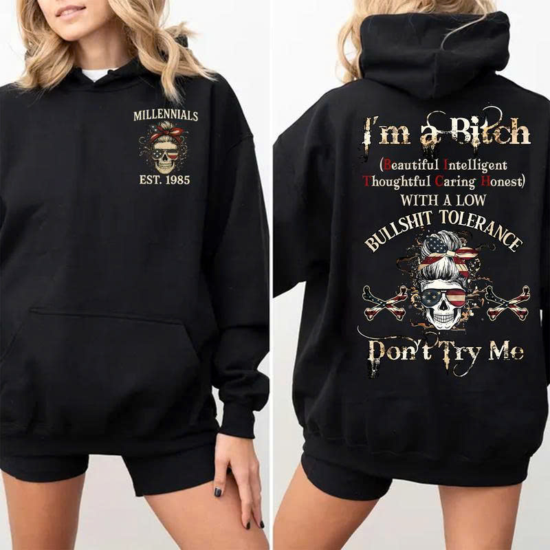Millennials I'm A Bitch Hoodie 1985 | Low Bullshit Tolerance Funny Skull Sweatshirt | Don't Try Me - Media 2