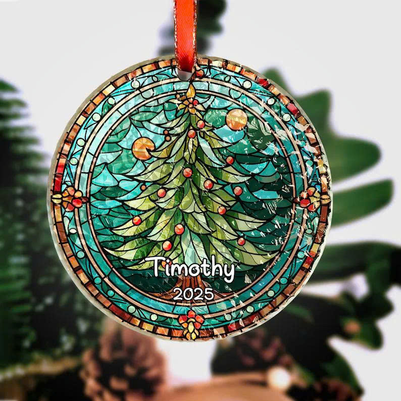 Personalized Stained Glass Christmas Tree Ornament – Custom Name Handmade Holiday Gift