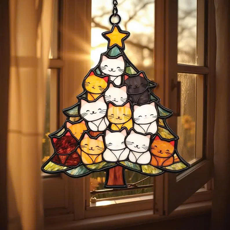 Acrylic Cat Christmas Suncatcher – Cute Window Hanging Decoration for Cat Lovers - Media 4
