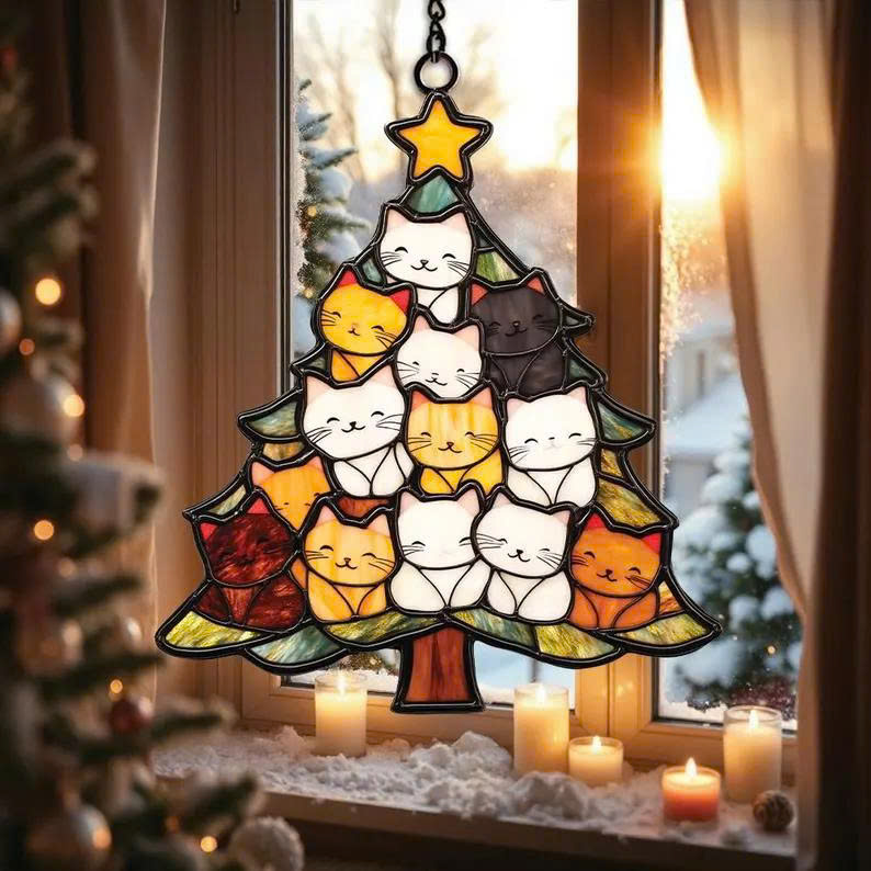 Acrylic Cat Christmas Suncatcher – Cute Window Hanging Decoration for Cat Lovers - Media 2