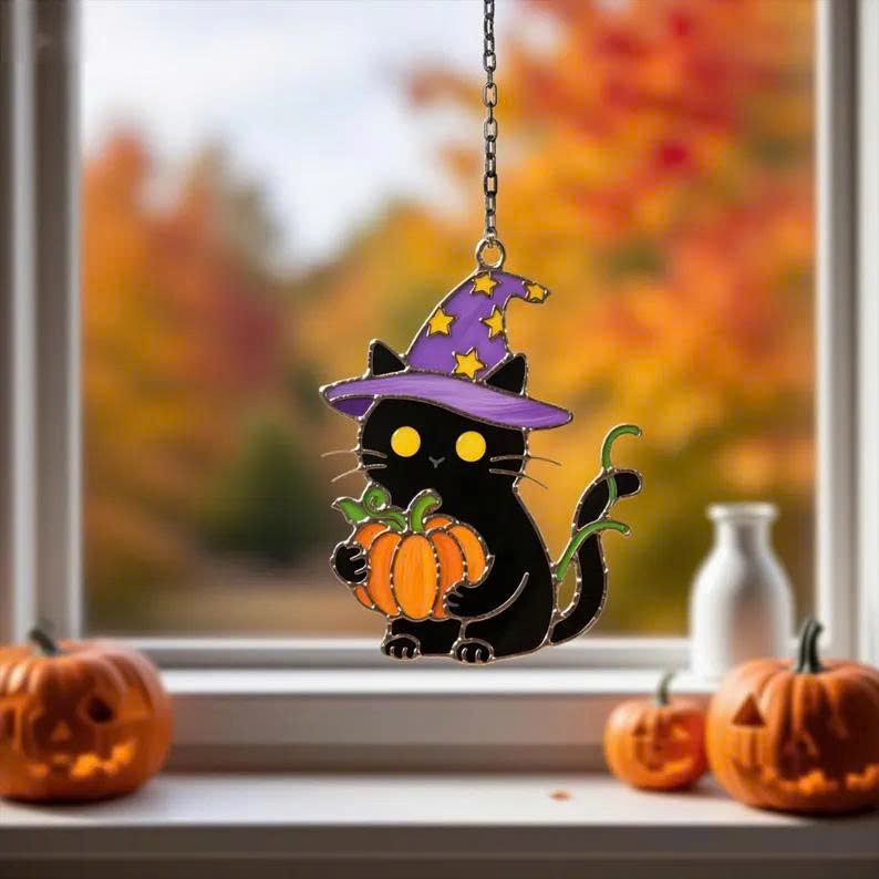 Halloween Black Cat Ornament – Wizard Cat with Pumpkin, Spooky Fall Decor