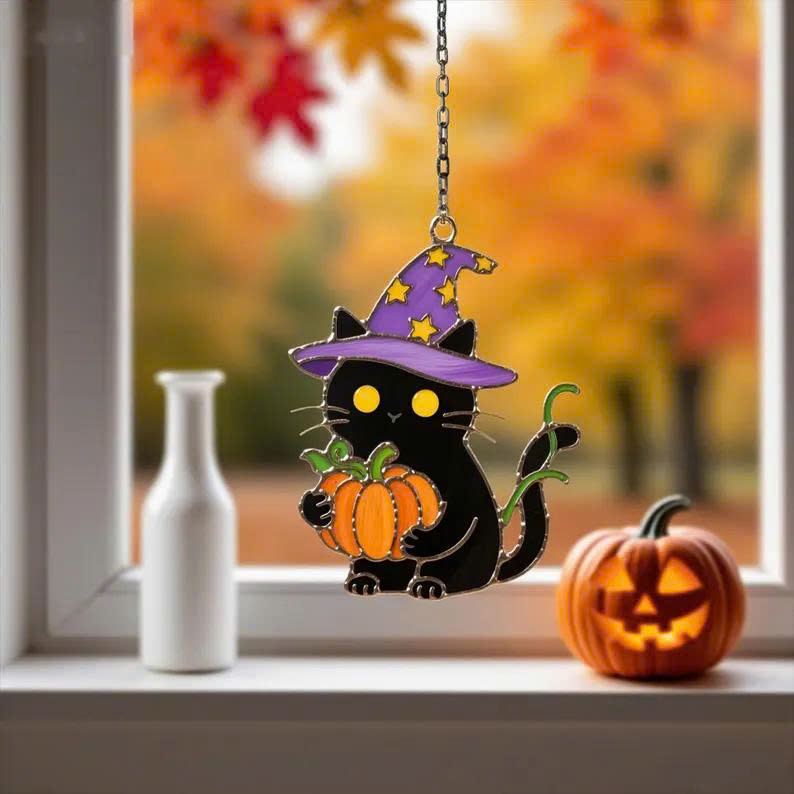Halloween Black Cat Ornament – Wizard Cat with Pumpkin, Spooky Fall Decor - Media 2