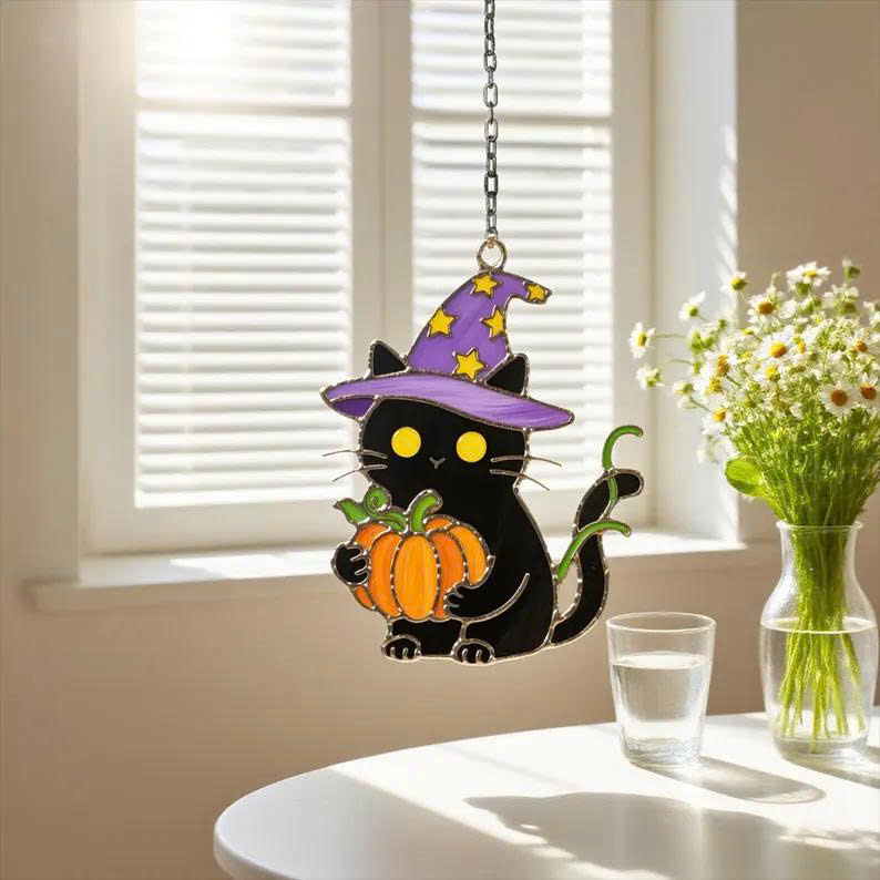 Halloween Black Cat Ornament – Wizard Cat with Pumpkin, Spooky Fall Decor - Media 6