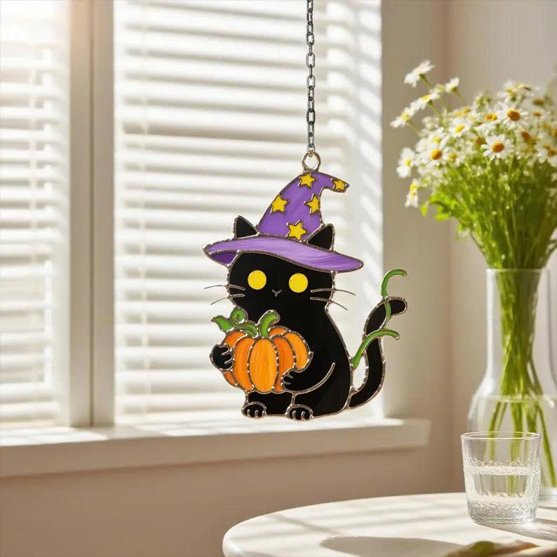 Halloween Black Cat Ornament – Wizard Cat with Pumpkin, Spooky Fall Decor - Media 3