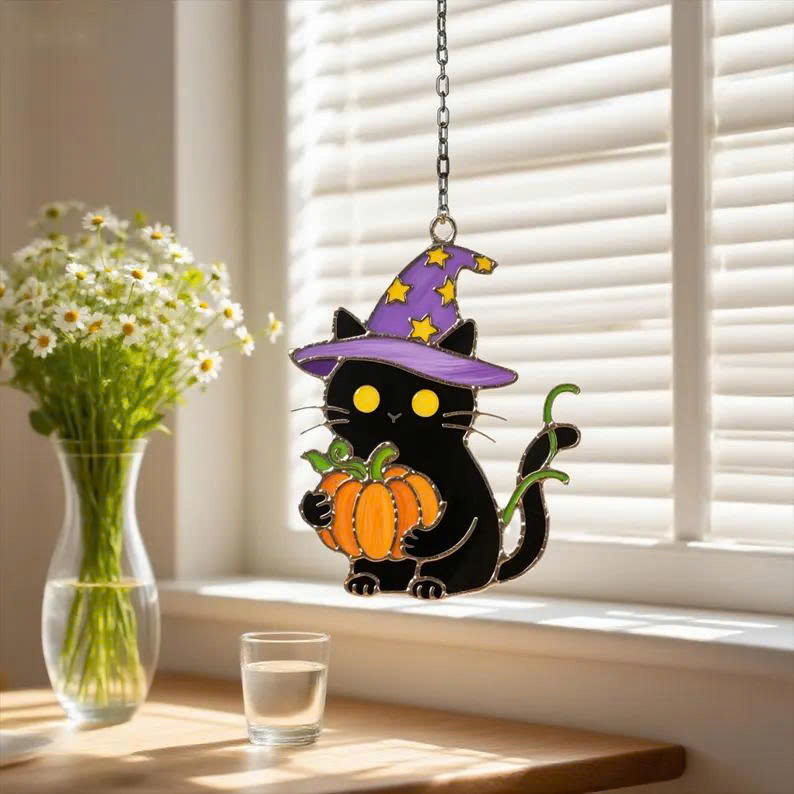 Halloween Black Cat Ornament – Wizard Cat with Pumpkin, Spooky Fall Decor - Media 4