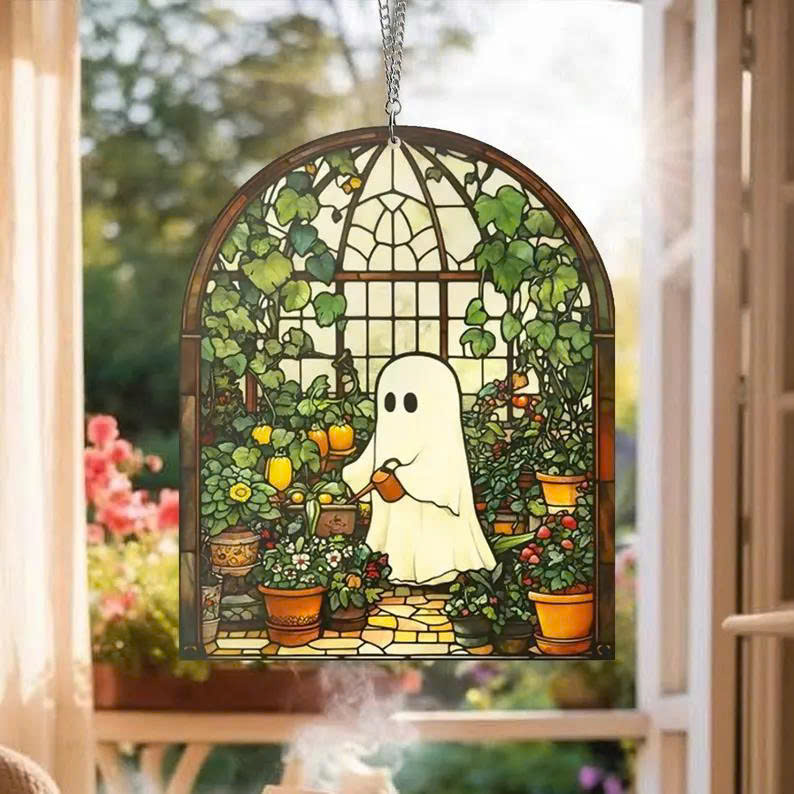 Cute Ghost Greenhouse Suncatcher – Halloween Acrylic Window Hanging, Plant Lovers Gift