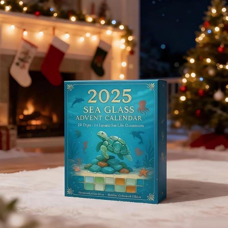 2D Sea Glass Advent Calendar 2025 - Beach Themed Christmas Gift - 24 Ocean Ornaments - Holiday Decor Countdown - Christmas Gift
