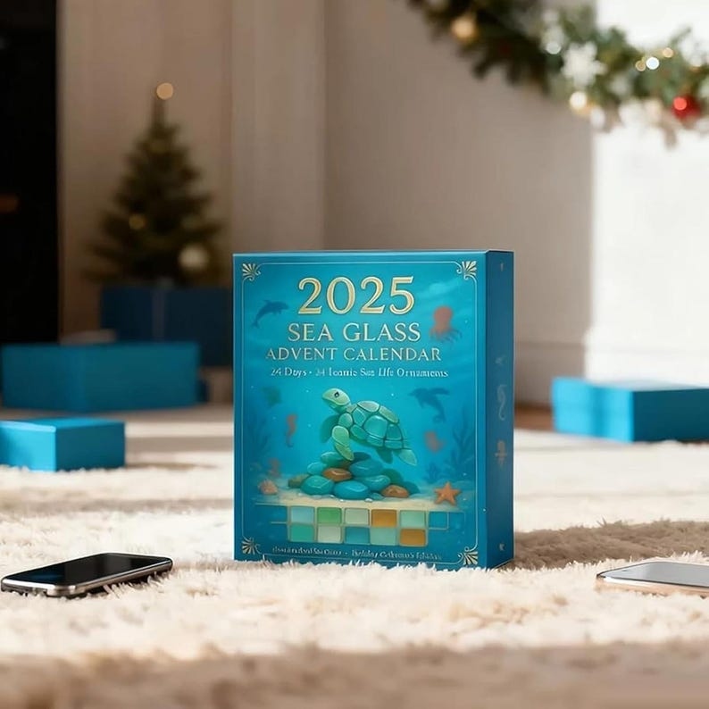 2D Sea Glass Advent Calendar 2025 - Beach Themed Christmas Gift - 24 Ocean Ornaments - Holiday Decor Countdown - Christmas Gift - Media 2