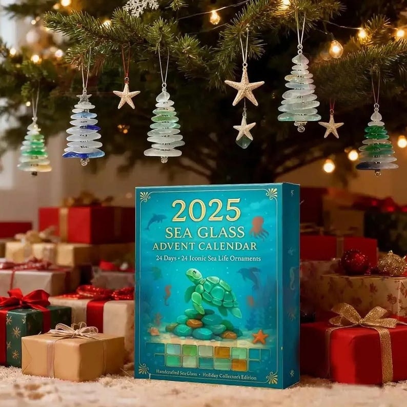 2D Sea Glass Advent Calendar 2025 - Beach Themed Christmas Gift - 24 Ocean Ornaments - Holiday Decor Countdown - Christmas Gift - Media 3