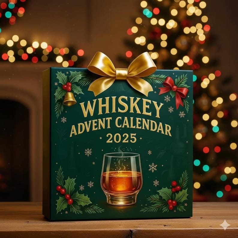 Whiskey Advent Calendar 2025 – 24 Mini Acrylic Whiskey Bottle Ornaments 2D, Unique Whiskey Lover Gift & Christmas Countdown Decor