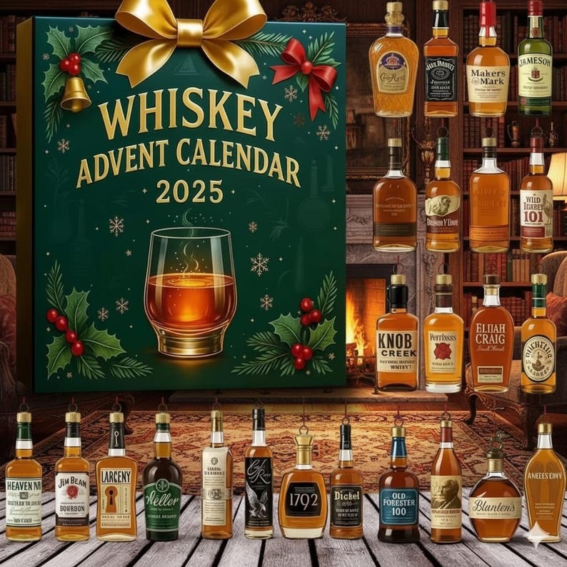 Whiskey Advent Calendar 2025 – 24 Mini Acrylic Whiskey Bottle Ornaments 2D, Unique Whiskey Lover Gift & Christmas Countdown Decor - Media 2