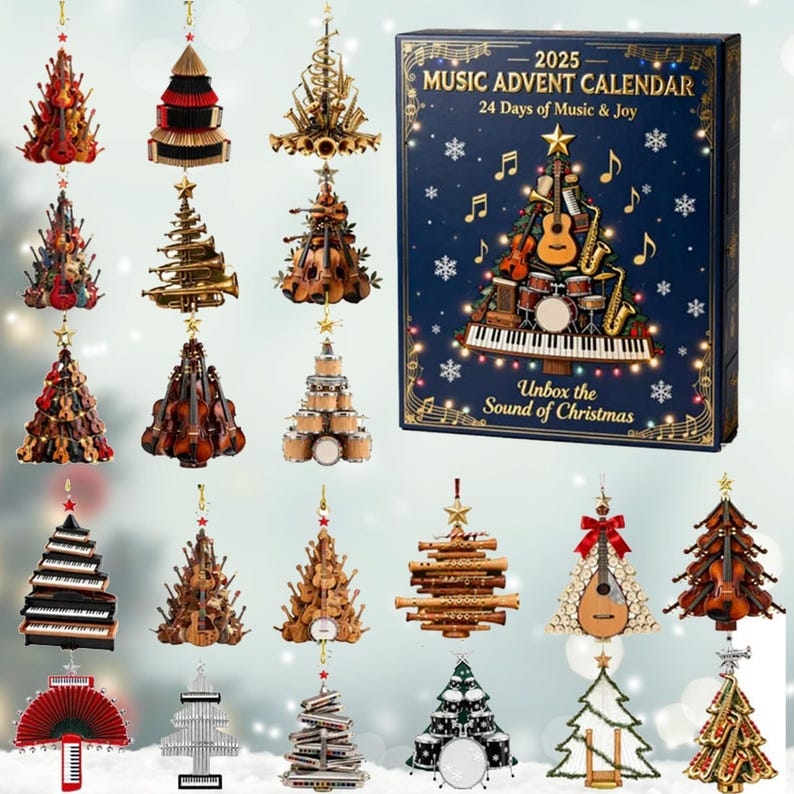 2D Ornament Musical Christmas Tree Advent Calendar 2025, 24-Day Music Lover Countdown, Instrument Ornaments, Festive Gift for Musicians, Christmas gift - Media 2